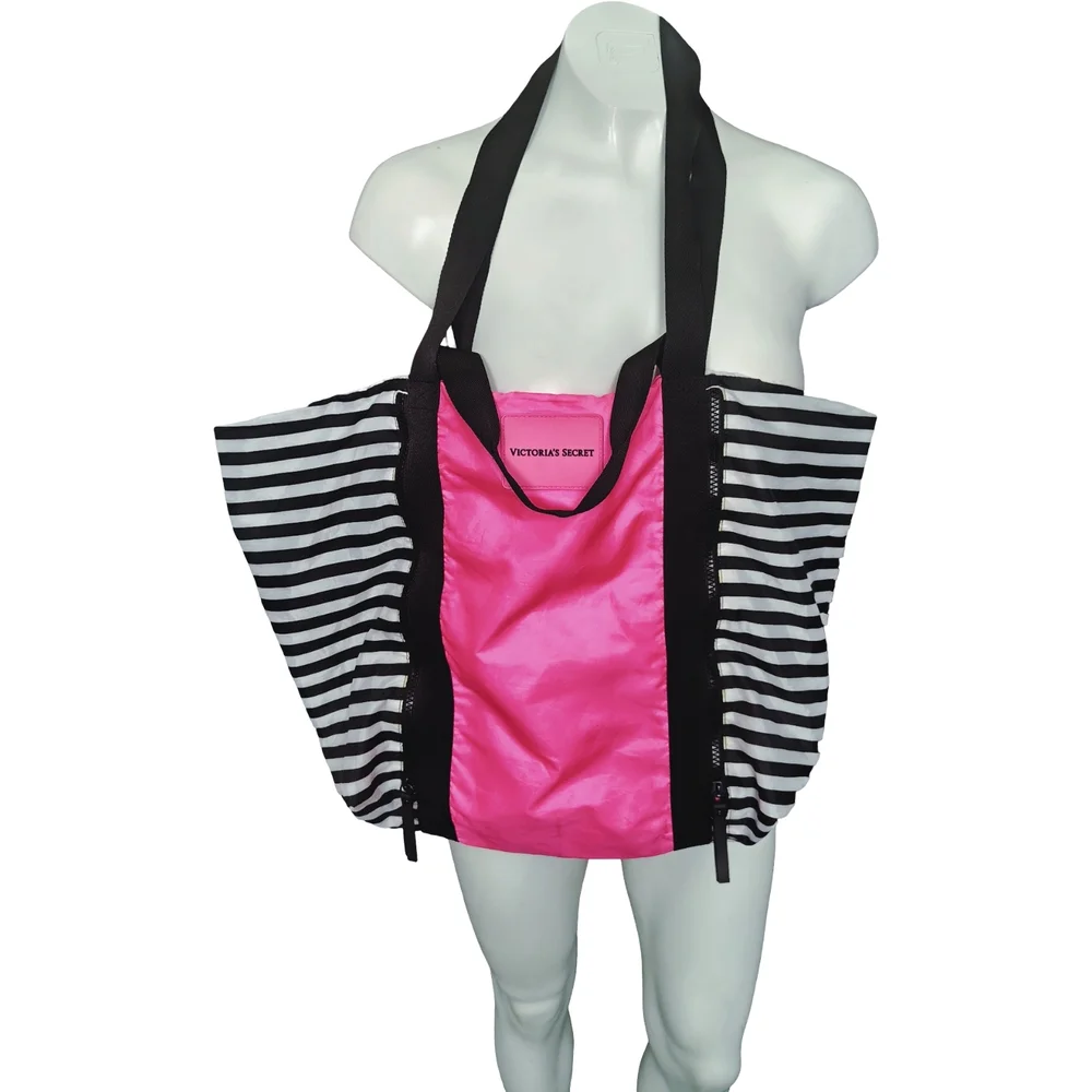 Victoria's Secret Black and Pink Striped Tote